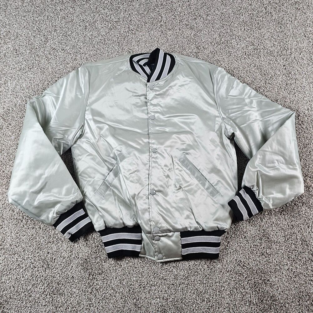 Vintage Holloway Jacket Mens Small Silver Satin Snap Quilt Lined Oakland Raiders